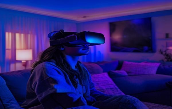 用户佩戴Meta Quest 3 VR头显沉浸观看3d视频，客厅环境，蓝紫色光晕氛围感强烈，沉浸式体验感受