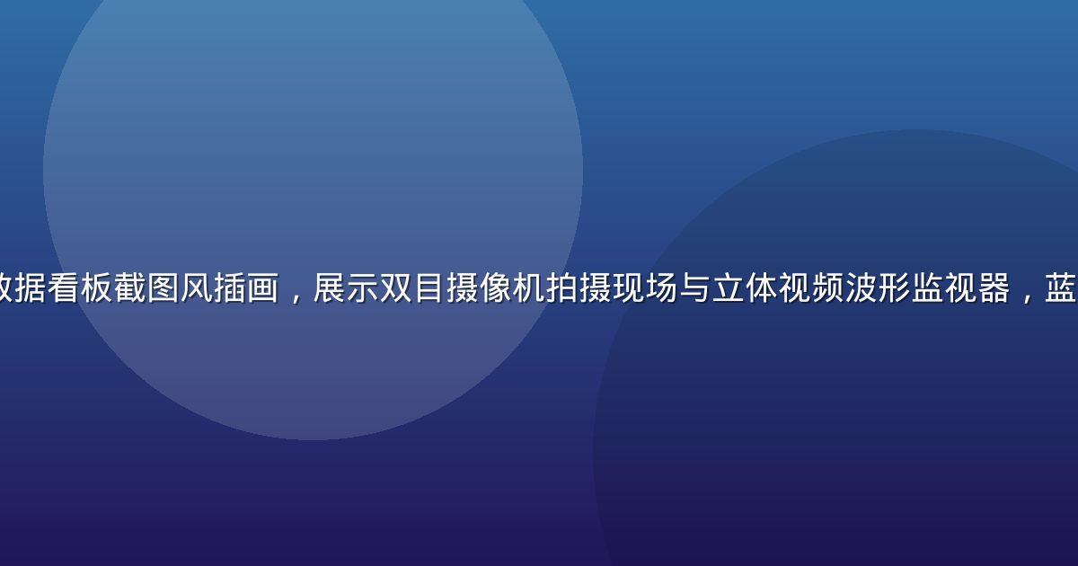 3d视频制作数据看板截图风插画，展示双目摄像机拍摄现场与立体视频波形监视器，蓝紫渐变专业氛围